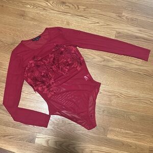 DARK RED crochet lace appliqué mesh sheer long sleeve bodysuit top body on SMALL